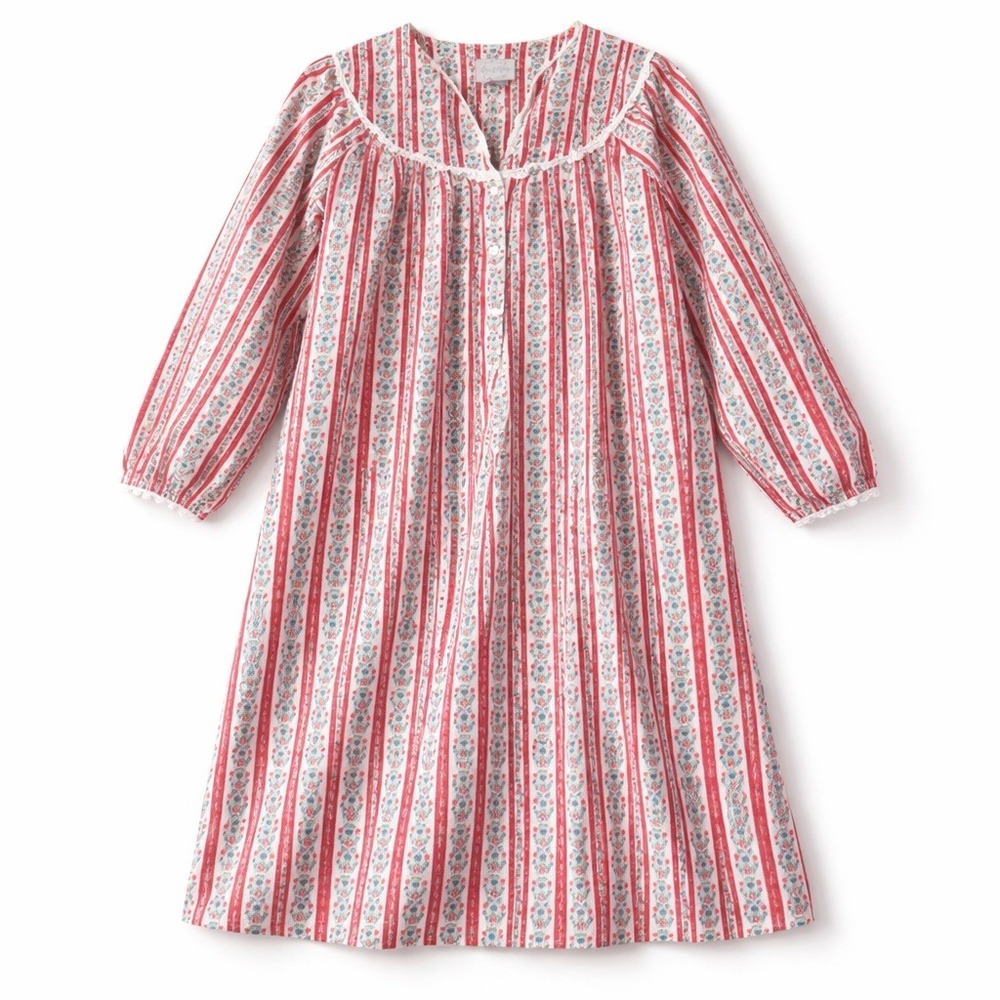 VTG Lanz of Salzburg Floral Stripe Nightgown Womens S Red White Cotton Flannel